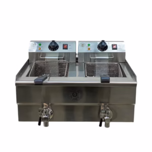 تصویری از سرخ‌کن برقی دو لگن شیر دار آبا مدل OT-10L2V با طراحی استیل و ظرفیت بالا، مناسب برای آشپزخانه‌های صنعتی و رستوران‌ها.